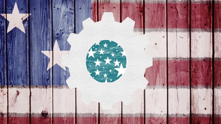 Animazione di stelle della Festa del Lavoro sopra un ingranaggio e la bandiera americana