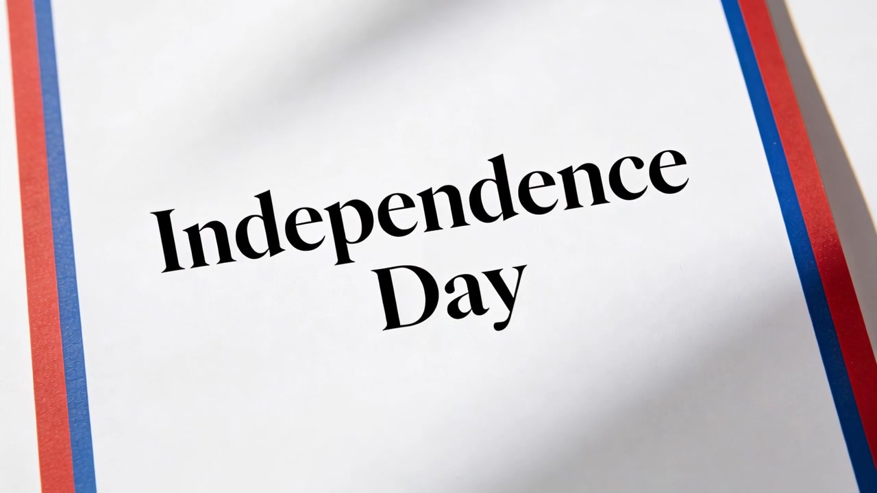 Telecamera che si inclina per mostrare il titolo "Independence Day" su un cartoncino da studio con strisce rosse e blu, con un'ombra che si sposta.