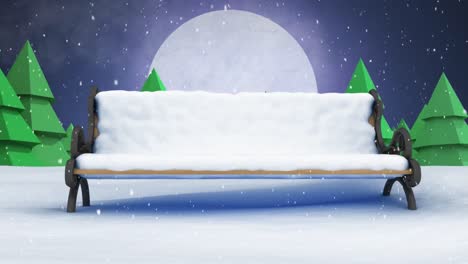 Digital-animation-of-snow-falling-over-bench-on-winter-landscape-against-moon-in-night-sky