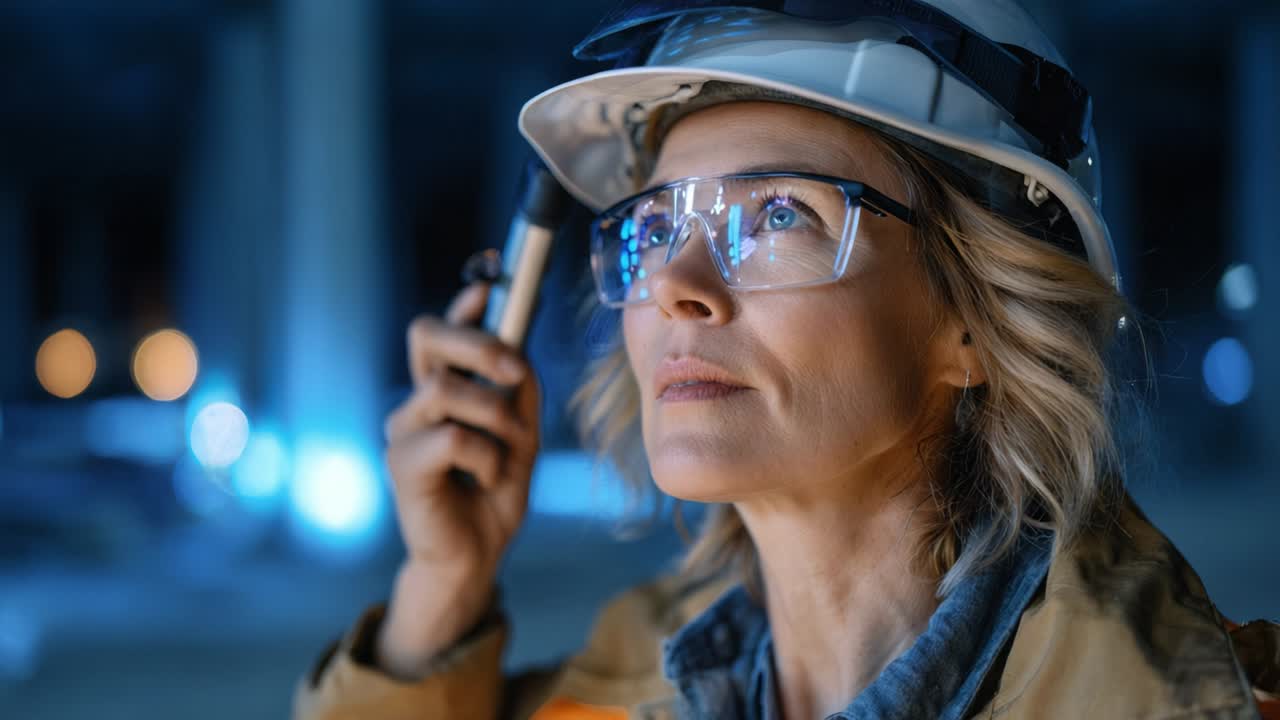 Trabalhadora da construção civil avaliando a segurança: engenheira focada com capacete e óculos examinando as condições do local para garantir que os padrões de segurança e qualidade sejam atendidos
