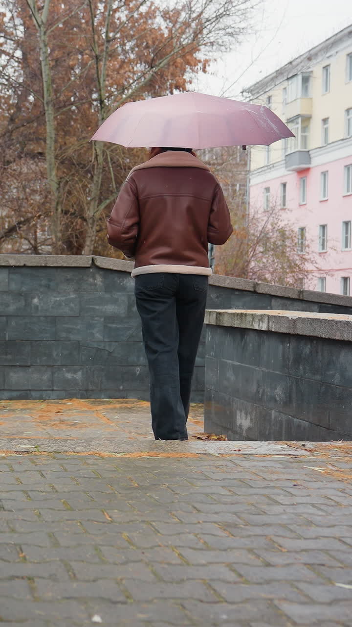 Back shot of female walking in light snowfall, holding umbrella, wearing knit cap, brown shearling jacket, black trousers, one hand in pocket, colorful autumn leaves scattered on ground