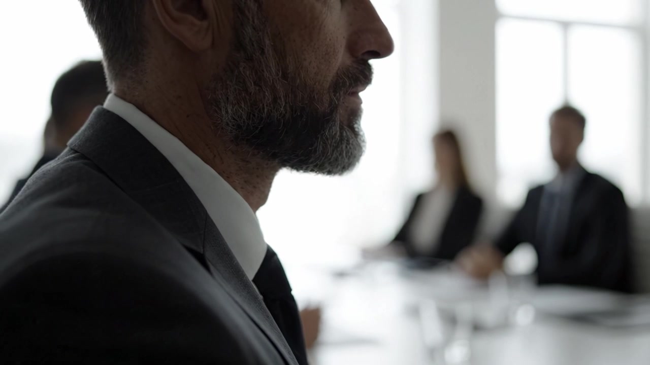 Uomo concentrato in abbigliamento da lavoro impegnato in una riunione seria, catturando l'essenza della professionalità e delle dinamiche di squadra in un ambiente aziendale