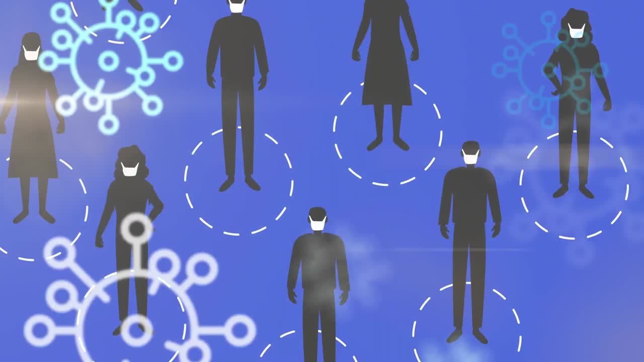 Animation of virus icons spreading over people wearing a mask social distancing