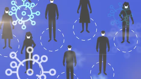 animación de iconos de virus que se extienden sobre personas que llevan una máscara distanciamiento social
