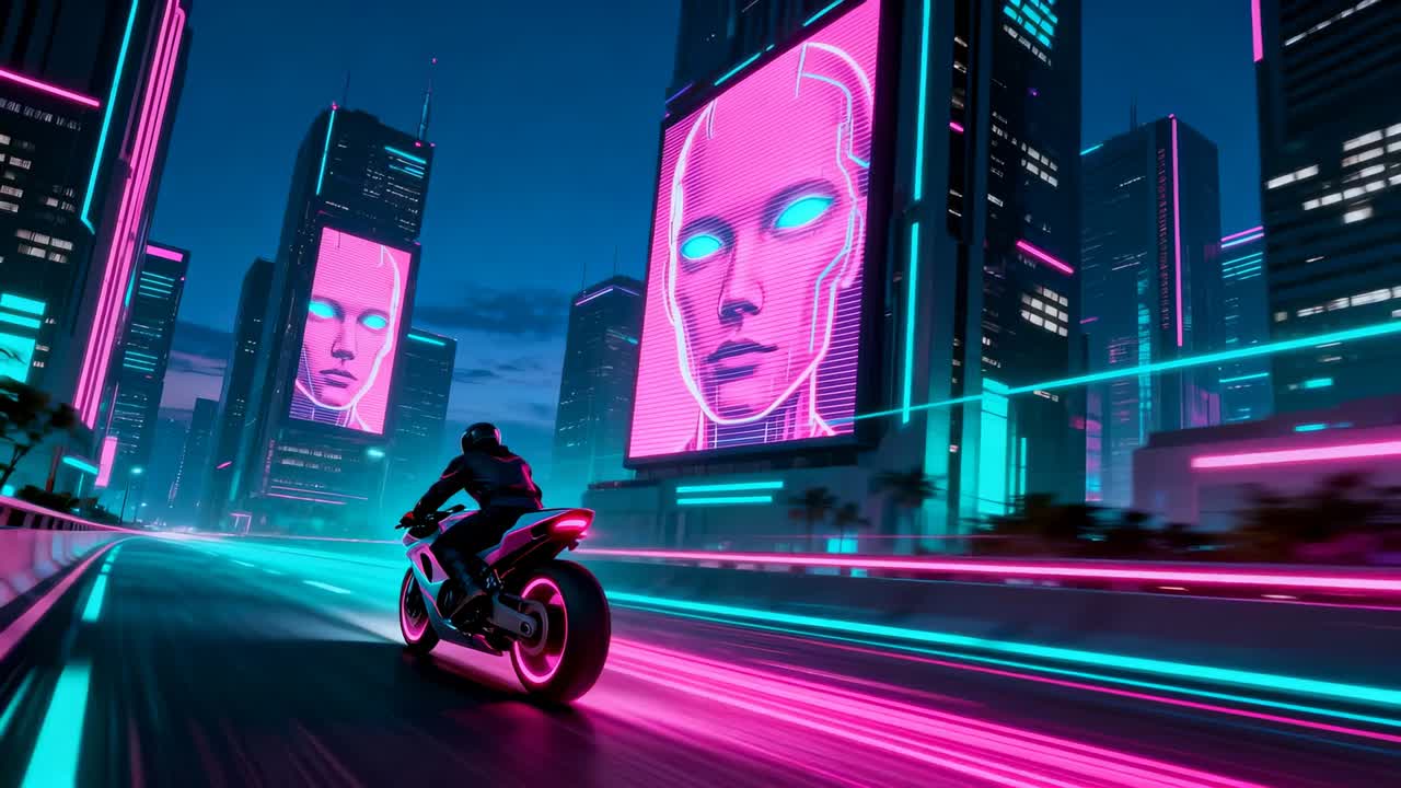 Emerging, helmeted rider on motorcycle accelerating down neon highway ...