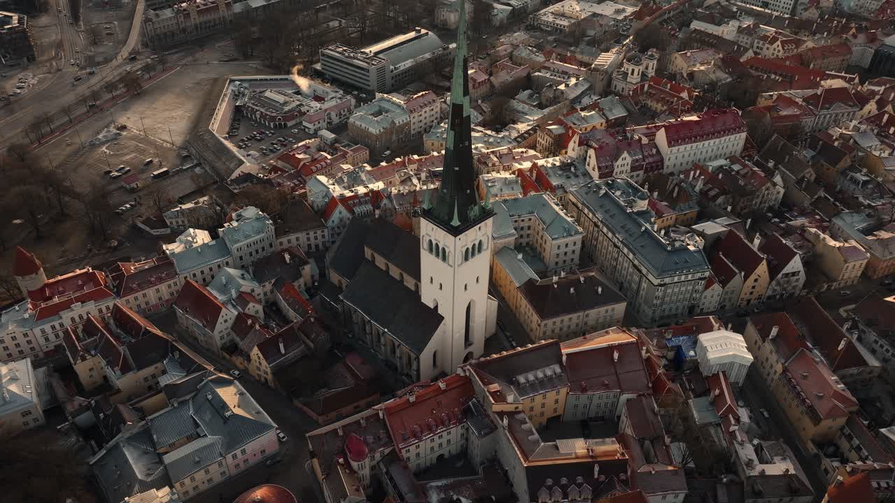 St Olafs Church Tallinn Sunrise aerial footage