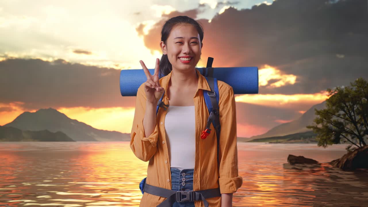 Asian Female Hiker With Mountaineering Backpack Smiling And Showing Peace Gesture While Standing At A Lake During Sunset Time