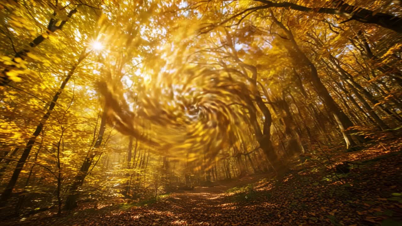A Captivating Journey Through a Whirling Autumn Forest: Nature's Vibrant Gold and Orange Leaves Dance in Spirals Beneath the Warm Sunlight
