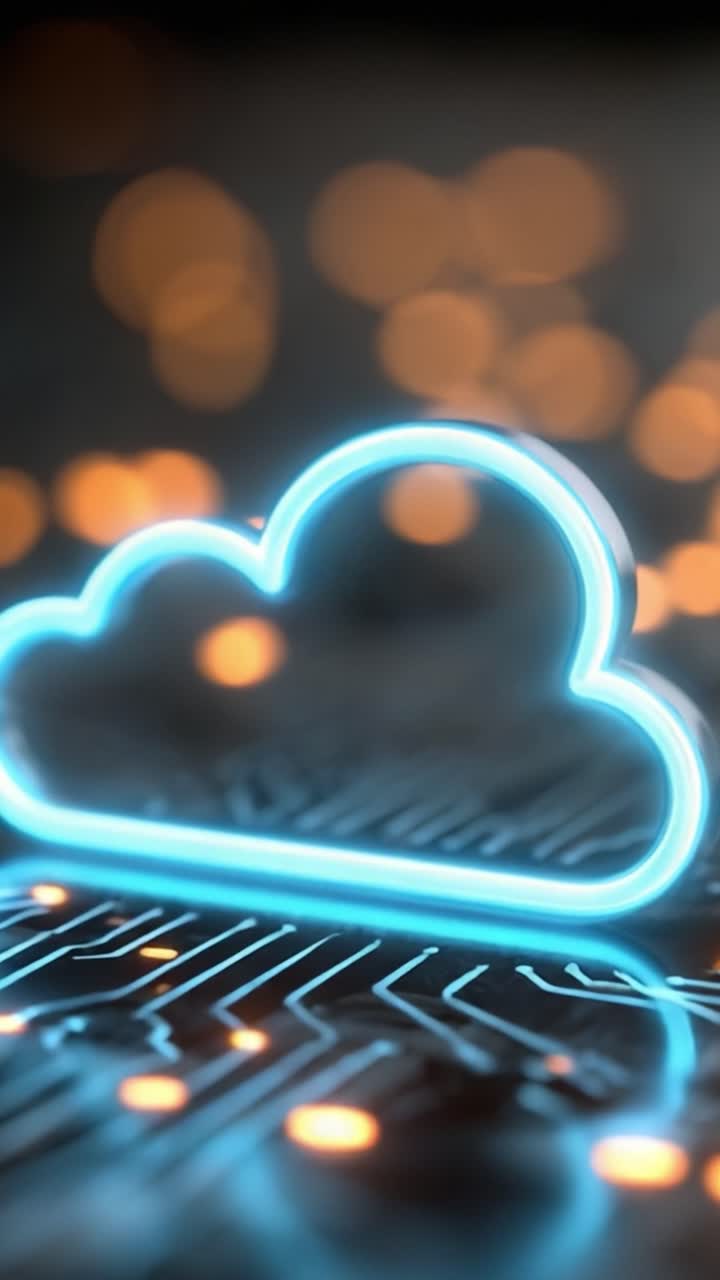 Icona cloud illuminata su sfondo con circuito stampato: una rappresentazione futuristica della tecnologia digitale e della connettività vista in due fotogrammi distinti
