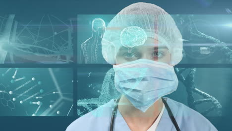 animation of female doctor wearing coronavirus covid-19 mask and scientist screen