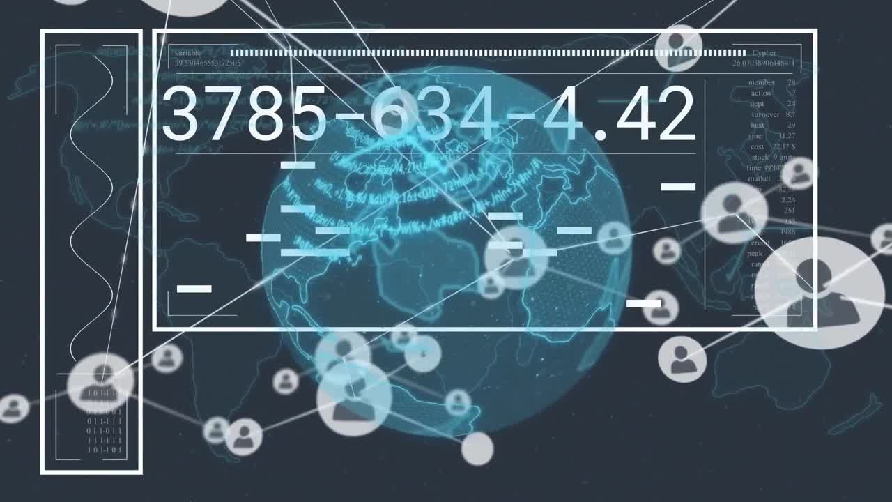 연결된 프로파일, 아이콘 및 글로브를 통해 숫자를 변경하는 인포그래픽 화면의 애니메이션