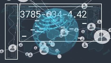 animación de la pantalla infográfica con números cambiantes sobre perfiles conectados iconos y globo.