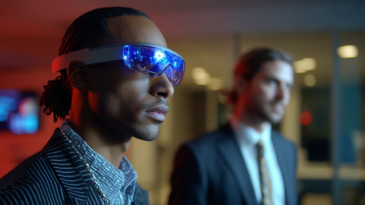 A futuristic scene featuring a confident individual wearing high-tech glasses, showcasing advanced technology and style, with another professional figure in the background, highlighting innovation and modern aesthetics