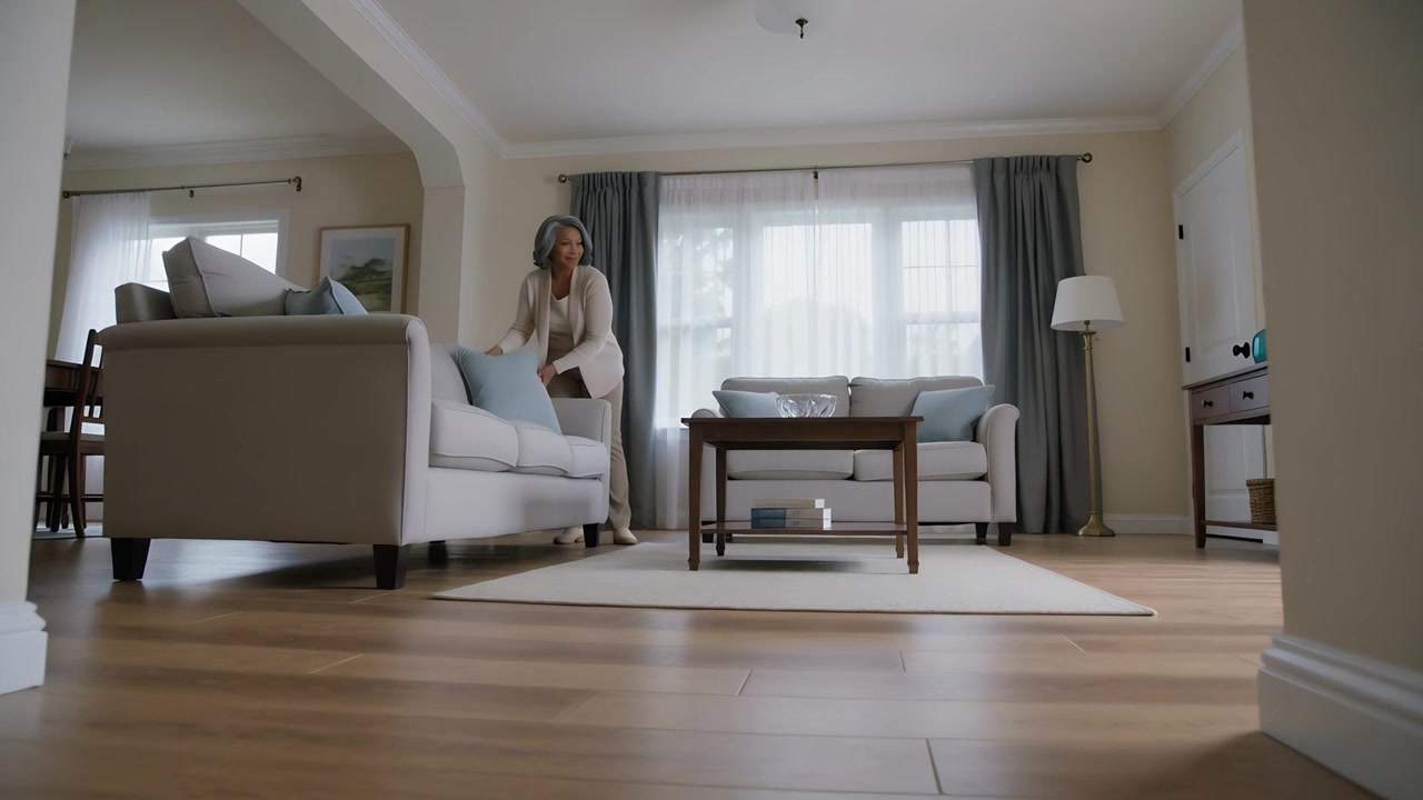 Mujer mayor con cárdigan beige alcanzando un cojín azul, levantando y arreglando el sofá en la sala de estar