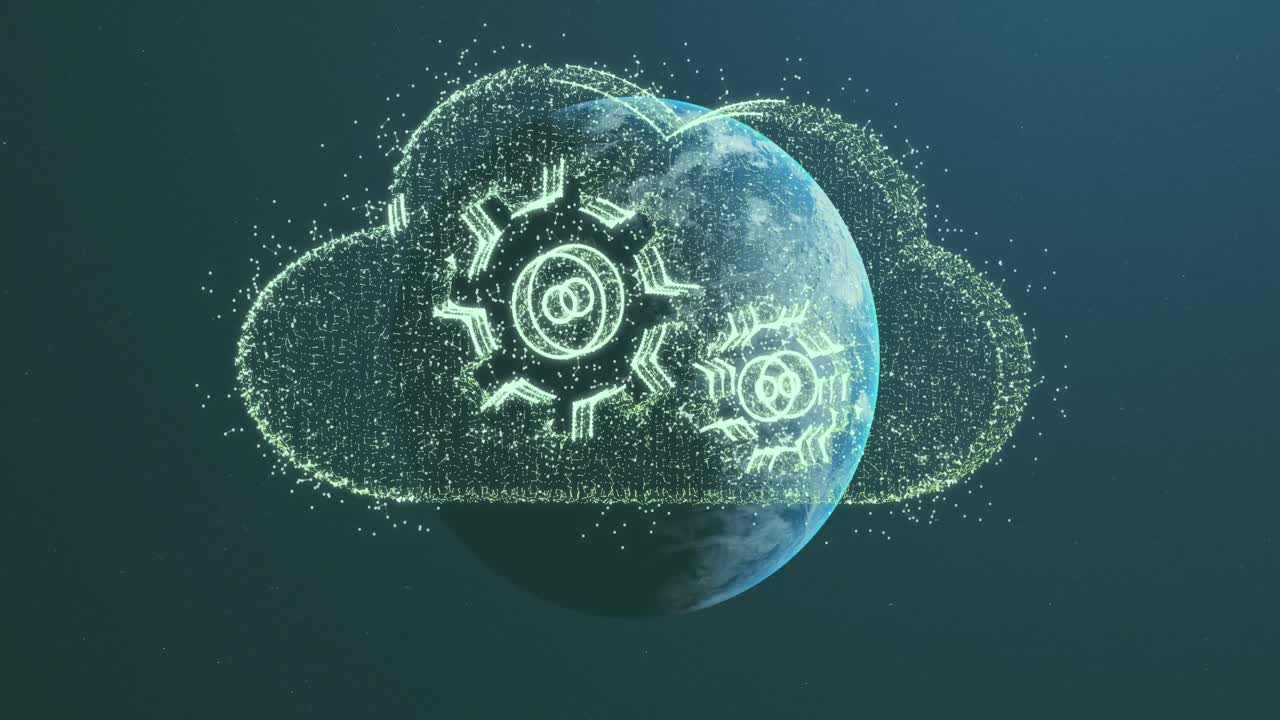 Animation of digital cloud and cogs icons over globe