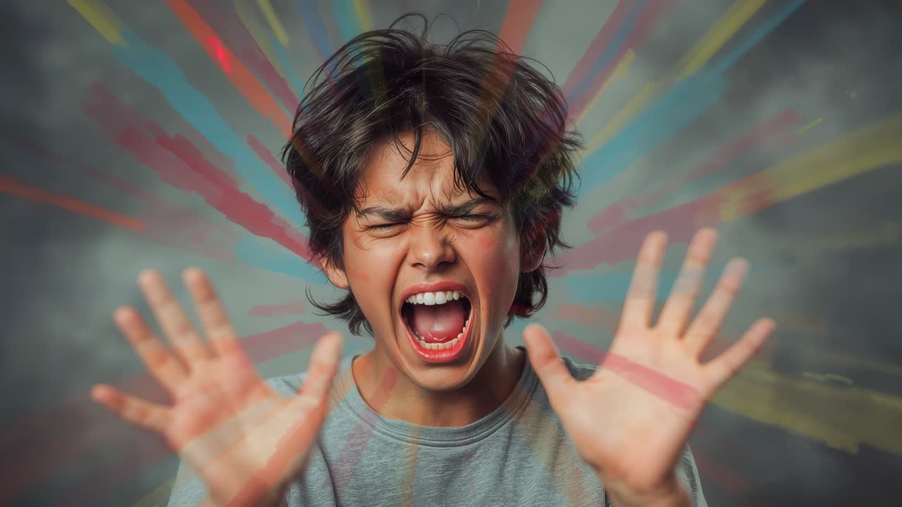 Ragazzo adolescente che reagisce ai raggi di luce colorata, che preme i palmi verso la fotocamera in studio e indossa una maglietta grigia