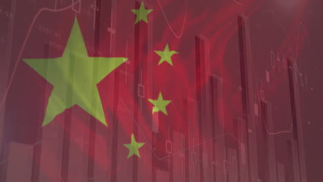 animation of chinese flag waving over financial data processing and flames