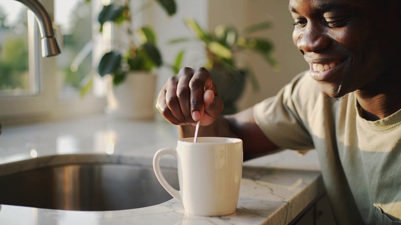 Smiling Young Man Stirring Hot Coffee in Kitchen