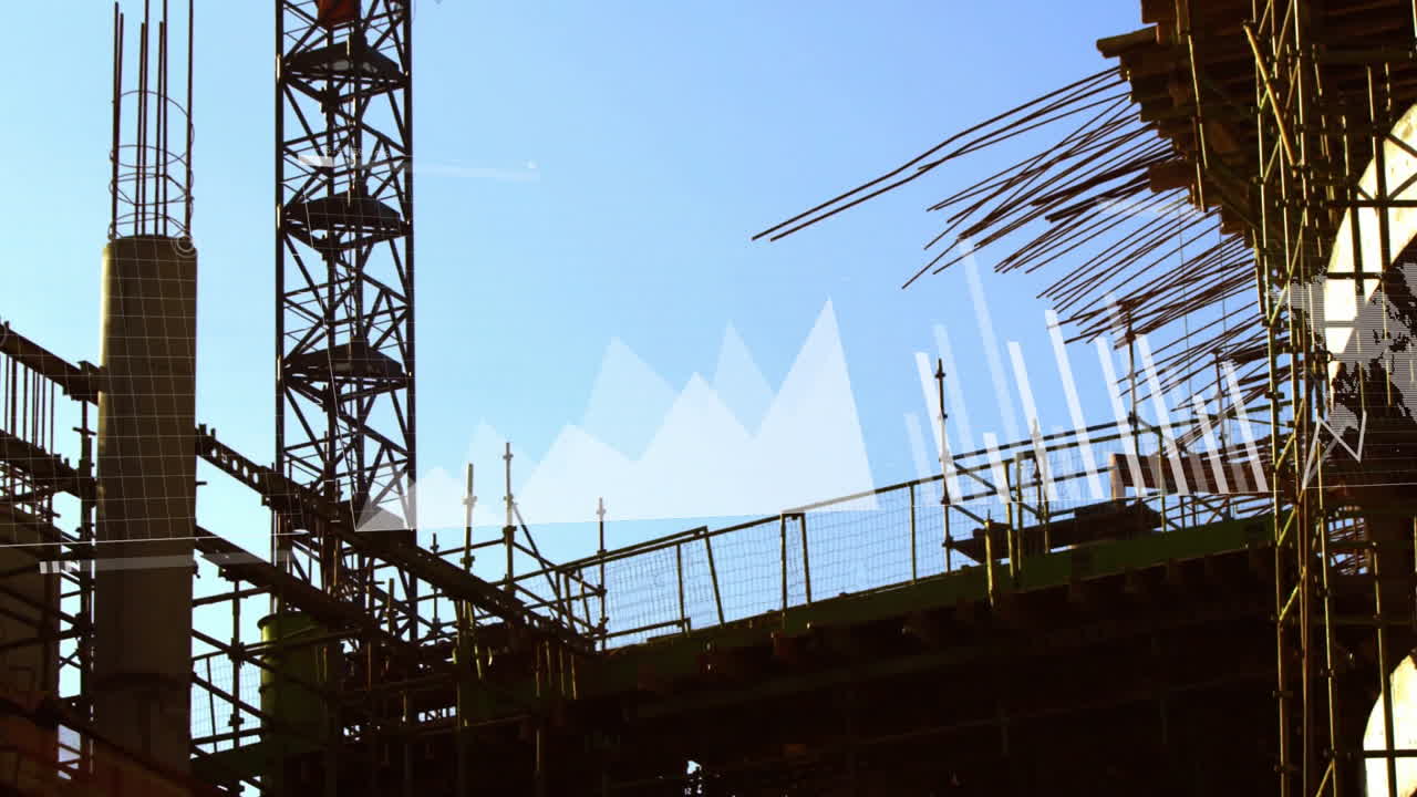 Construction site with scaffolding and steel beams, financial growth animation showing