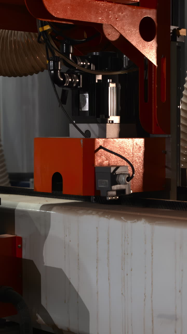 Ampia veduta di una linea di produzione CNC a portale con tubi di aspirazione multipli, testa del portale e unità di controllo in un ambiente moderno.