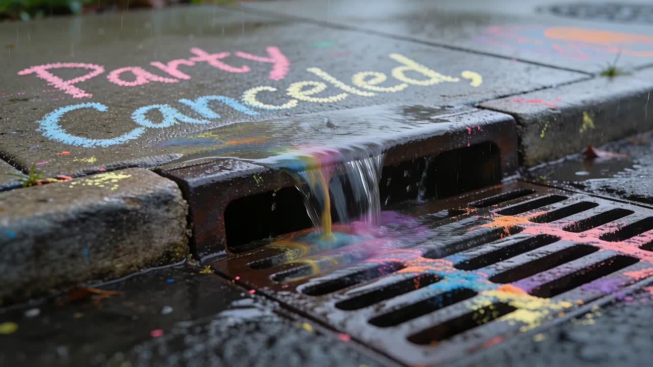 Flowing rainwater carrying pastel chalk from 'Party Canceled' sidewalk into grate, washing words