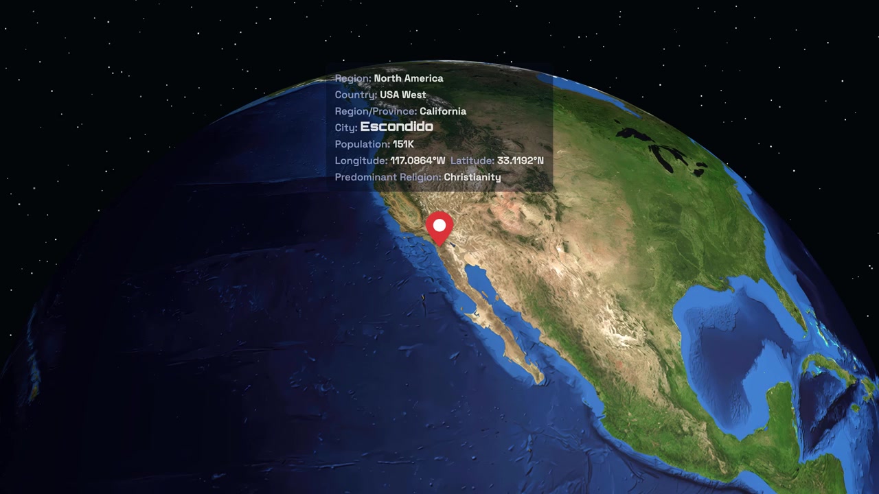 Terra digital gira e faz zoom na América do Norte, destacando Escondido, Califórnia, com texto informativo.