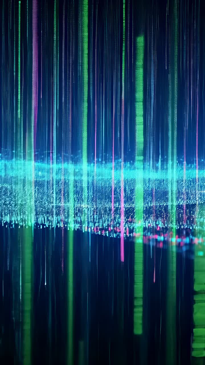 Vertical video: Starting digital rain cascading over dark void, with neon streaks and particle band