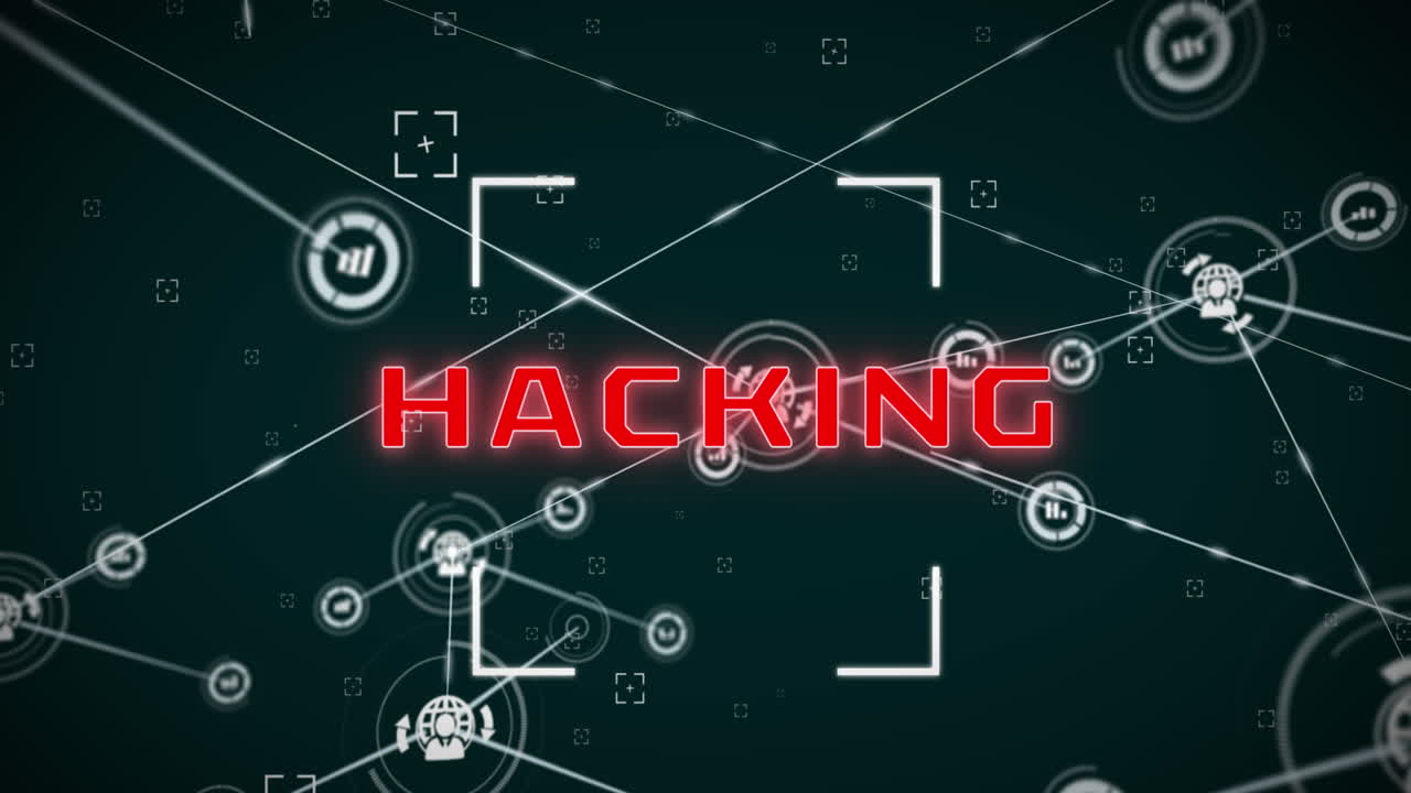 Animation of hacking text with viewfinder and connected graph and person, globe icons