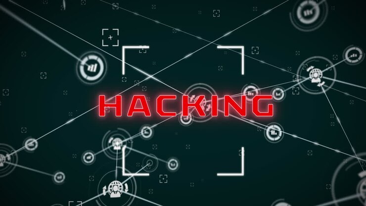 Animatie van hacktekst met zoeker en verbonden grafiek, pictogrammen van personen en een wereldbol.