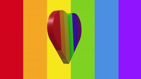 animation of rainbow heart spinning on ranbow striped background