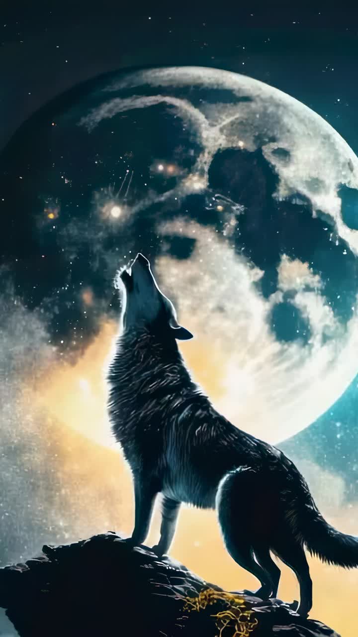 Vertical video: Howling gray wolf lifting head under massive full moon on rocky outcrop, starry sky