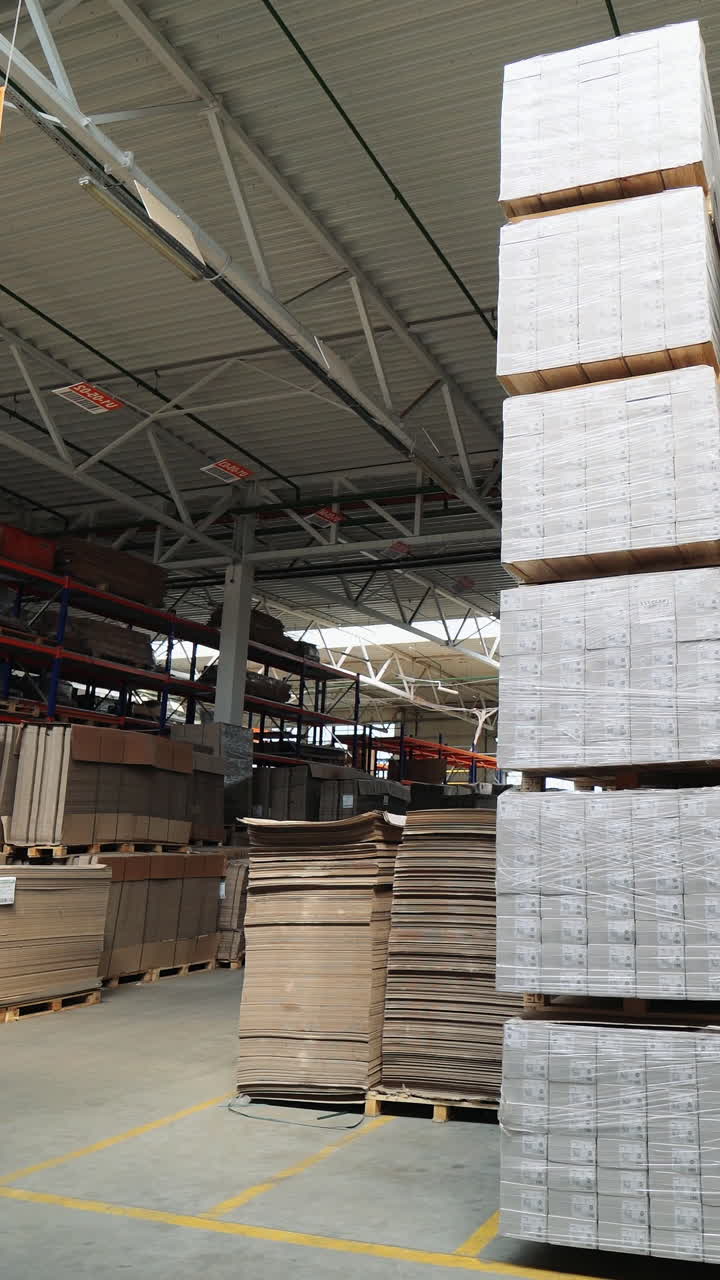 packed pallets of a parquet board stand in the warehouse at a woodworking plant. Warehouse stocks for floorboard sales. Vertical video
