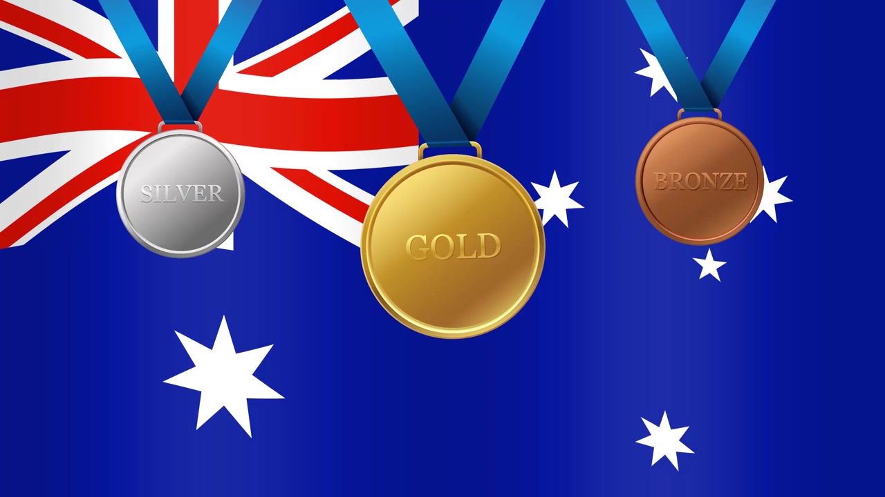 Fond de drapeau australien flottant avec des médailles d'or, d'argent et de bronze apparaissant sur des rubans bleus.