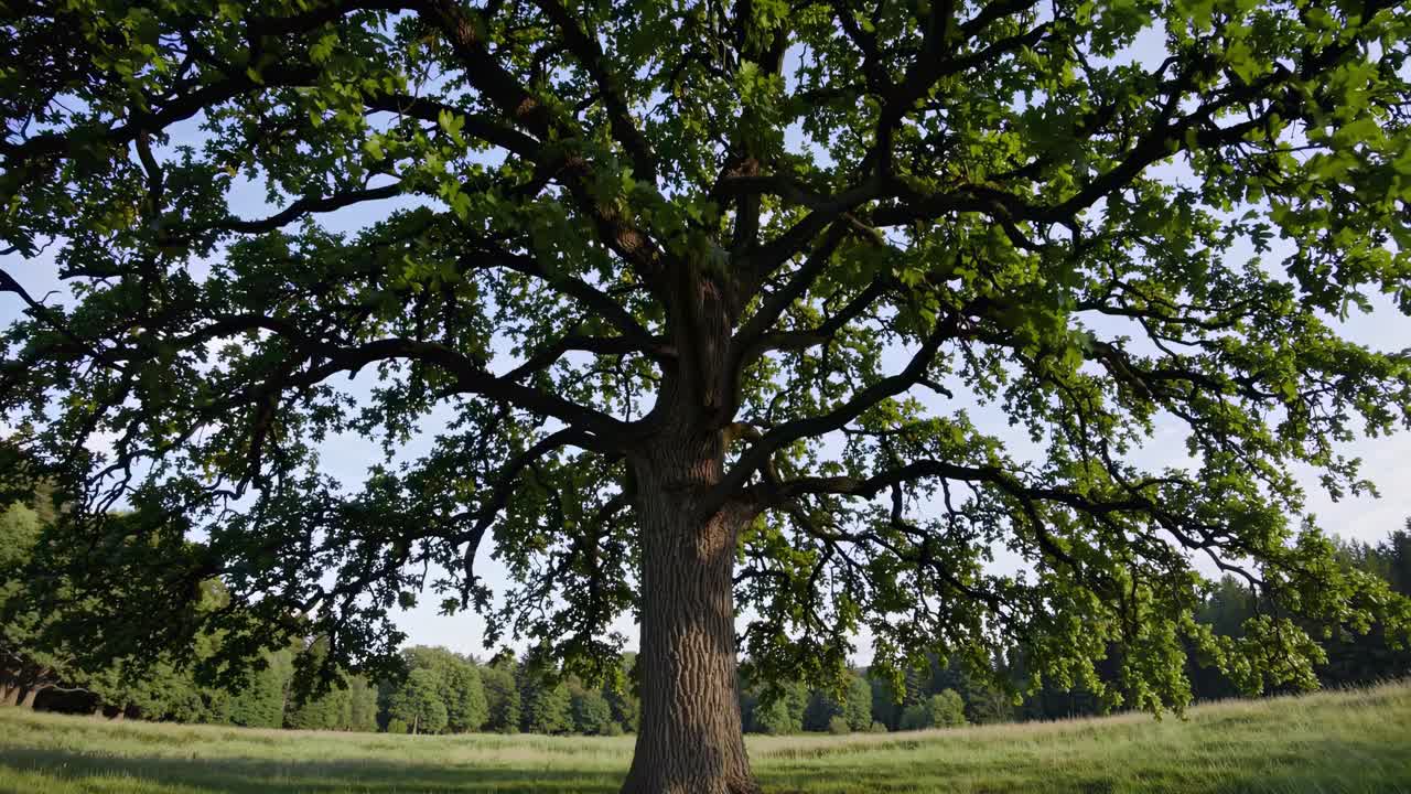 A wide-angle video shot of a majestic oak tree in a lush meadow, capturing its expansive branches