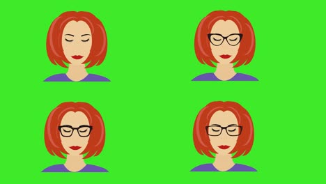 las mujeres de dibujos animados se enfrentan a la animación del avatar, los ojos en movimiento y parpadeando, en la pantalla verde tecla de croma