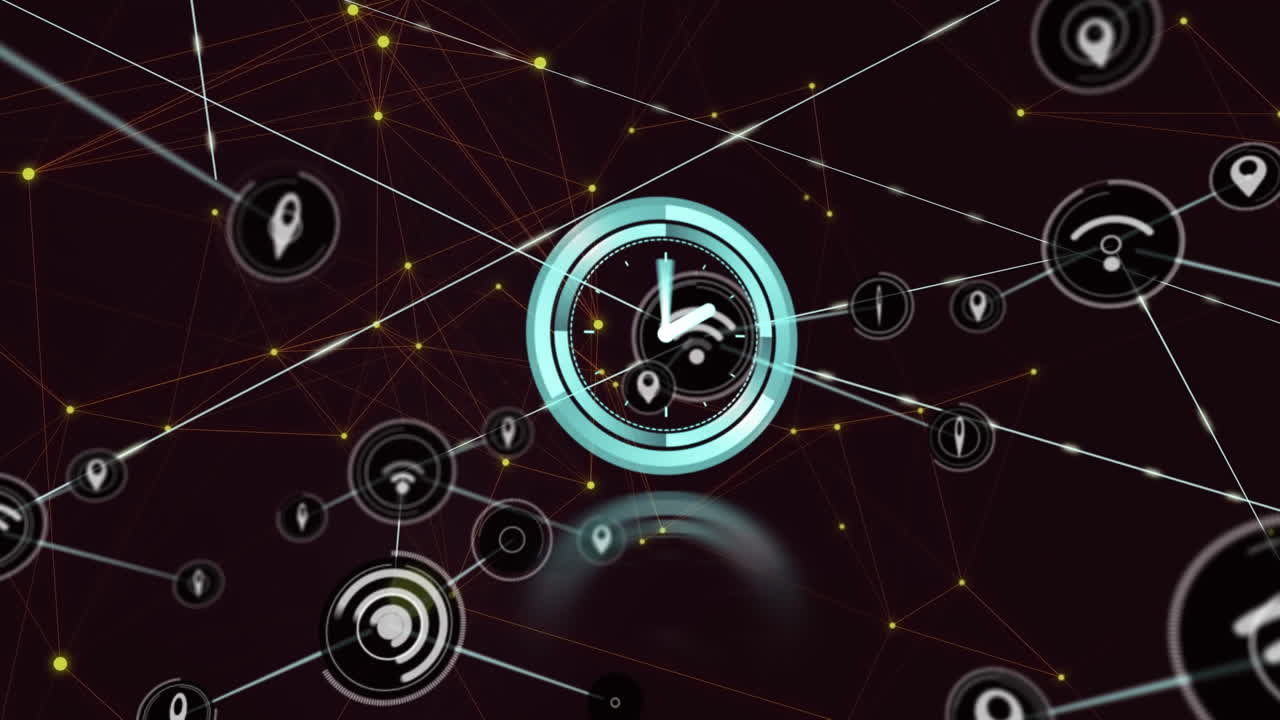Animation of neon ticking clock over network of digital icons against black background