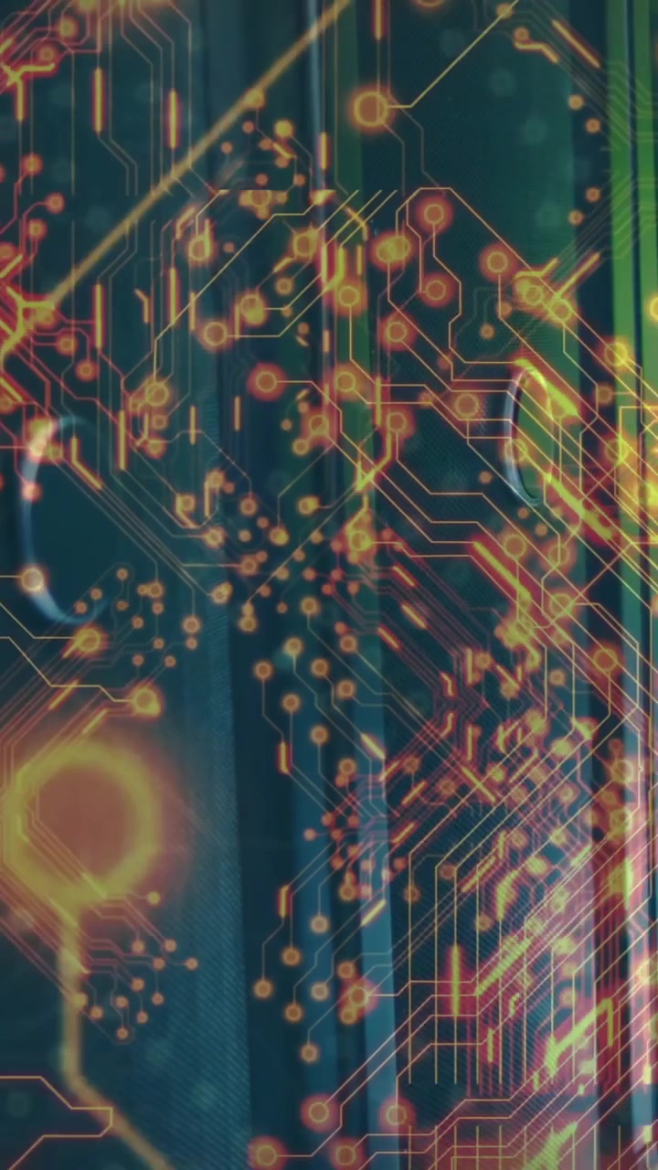Glowing lights on circuit board pattern creating animation over tech background