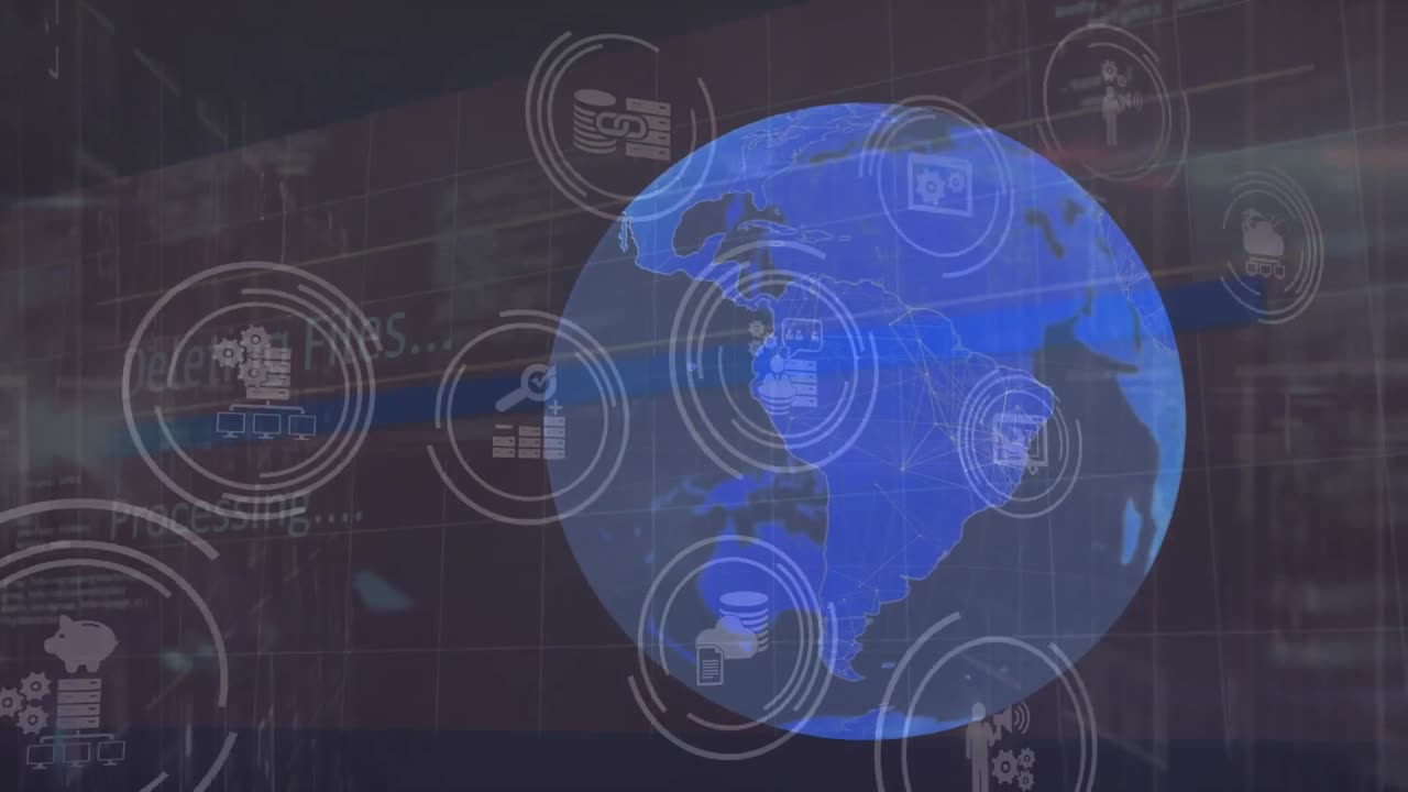 animación de la red de iconos y procesamiento de datos en todo el mundo