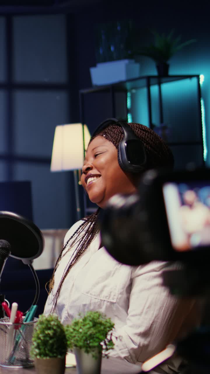 Vertical video Influencers in studio using high tech camera for internet show production