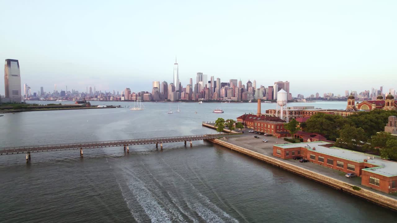 Aerial View of Ellis Island and the New York City Skyline