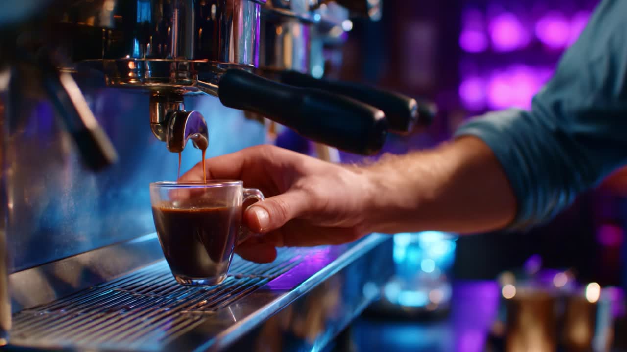 A Barista Prepares a Perfect Espresso Shot at a Modern Coffee Shop with a Beautiful Backdrop of Soft Purple Lighting and Intricate Coffee Machines