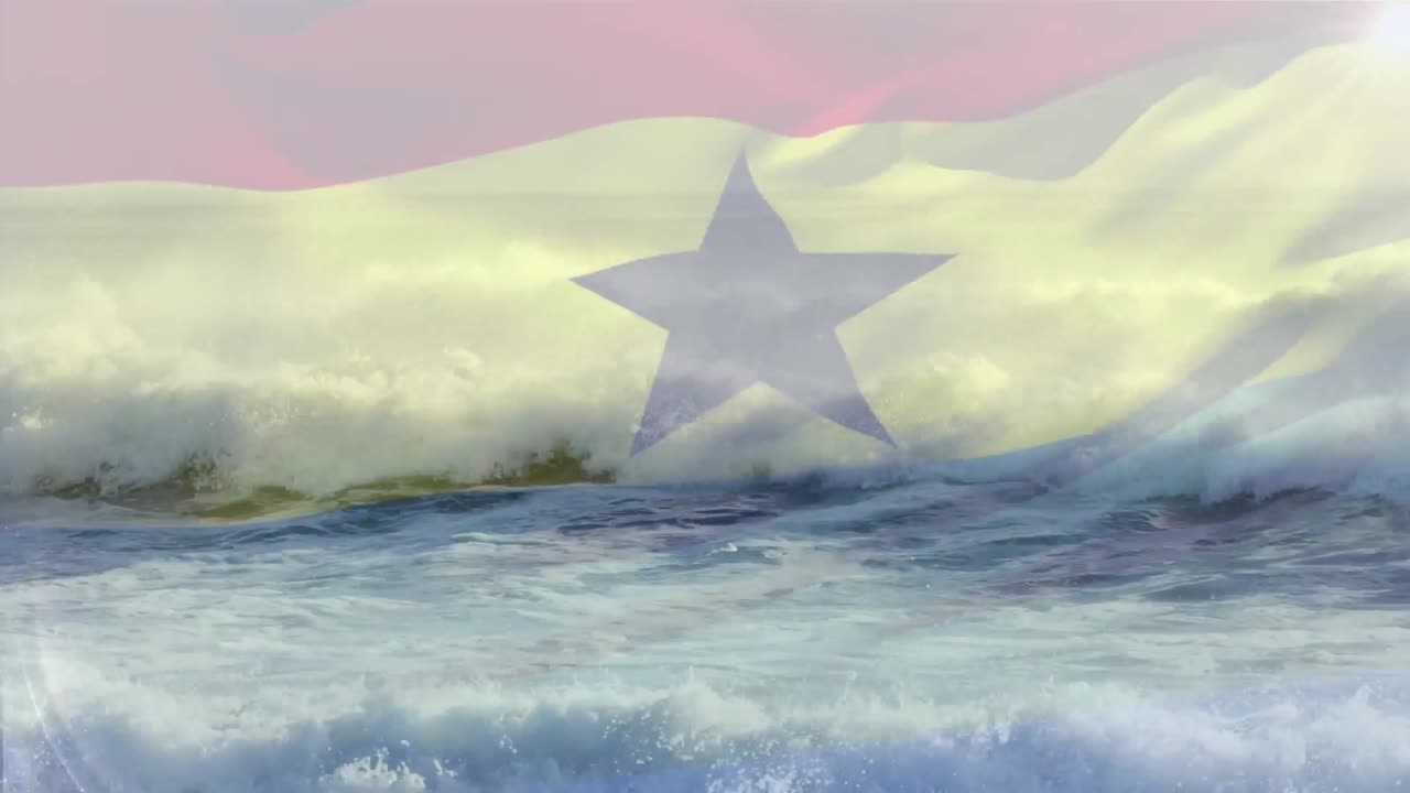 composición digital de ondear la bandera de ghana contra las olas en el mar