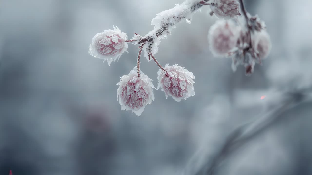Tre boccioli rosa pallido che perdono goccioline mentre un leggero disgelo provoca lo scioglimento di un ramo in inverno