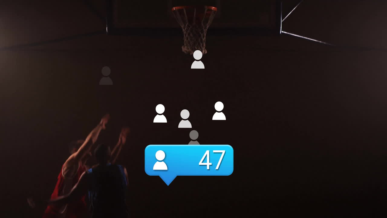 Basketballspiller skyder med animation af antal følgere på sociale medier som overlay