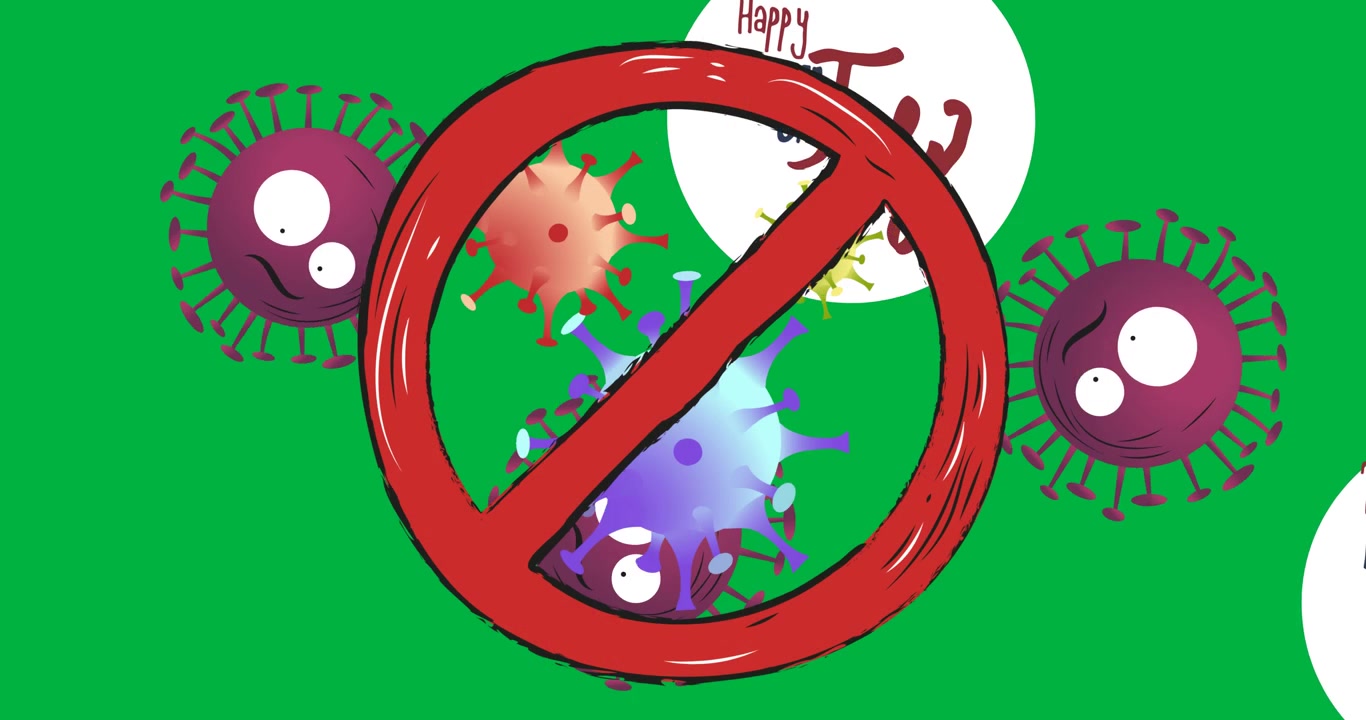 Stop sign over covid-19 cells and 4th of july text on white circular banner on black background