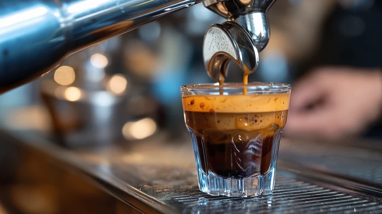 Rich espresso pours into a glass. Steam rises gently from the dark brew. Barista's hands steady behind the machine. Warm lighting highlights the coffee's texture. Perfect for cafe, coffee