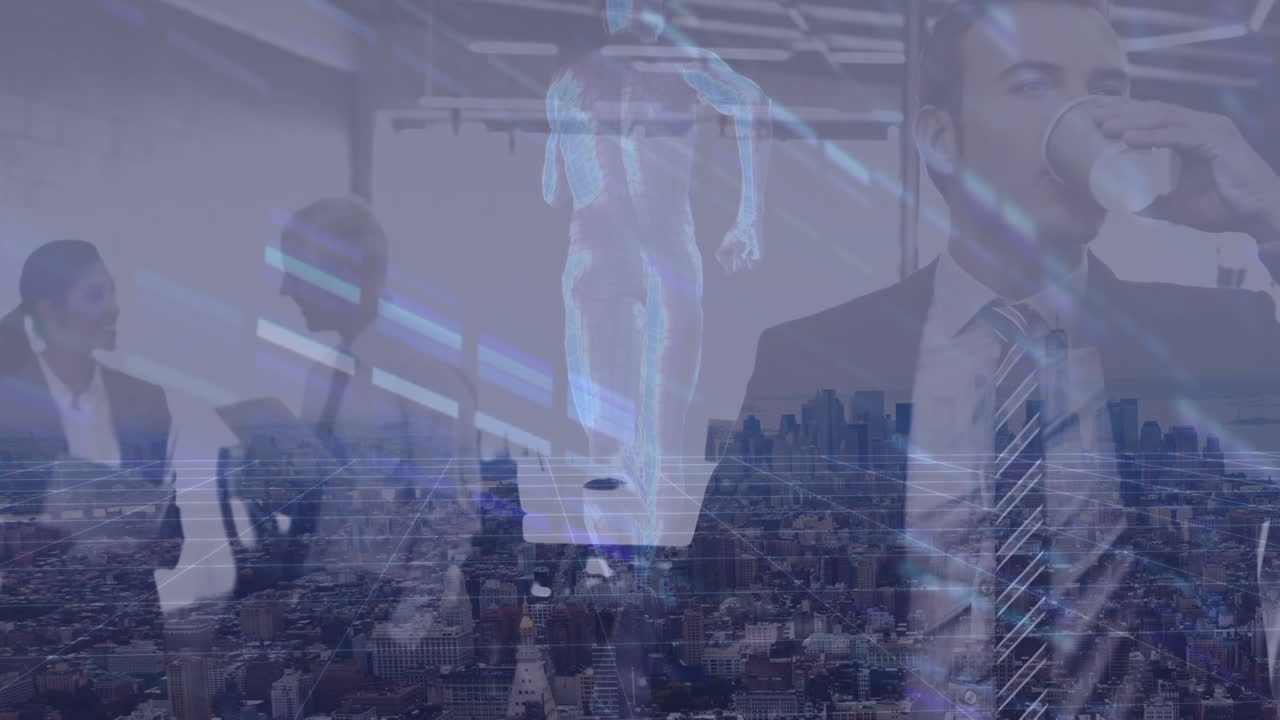 video compuesto de modelo de cuerpo humano atropellando a un hombre de negocios caucásico bebiendo café