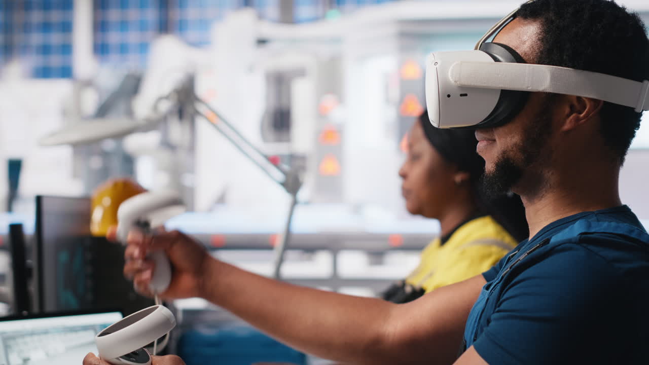 Photovoltaics factory engineer designing on PC CAD software with VR headset