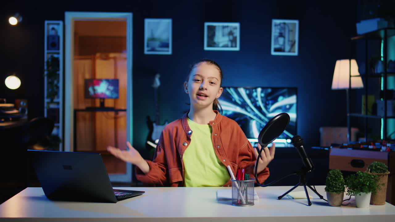 Bambino affascinante che riprende con una telecamera ad alta tecnologia, discutendo di una giornata divertente a scuola