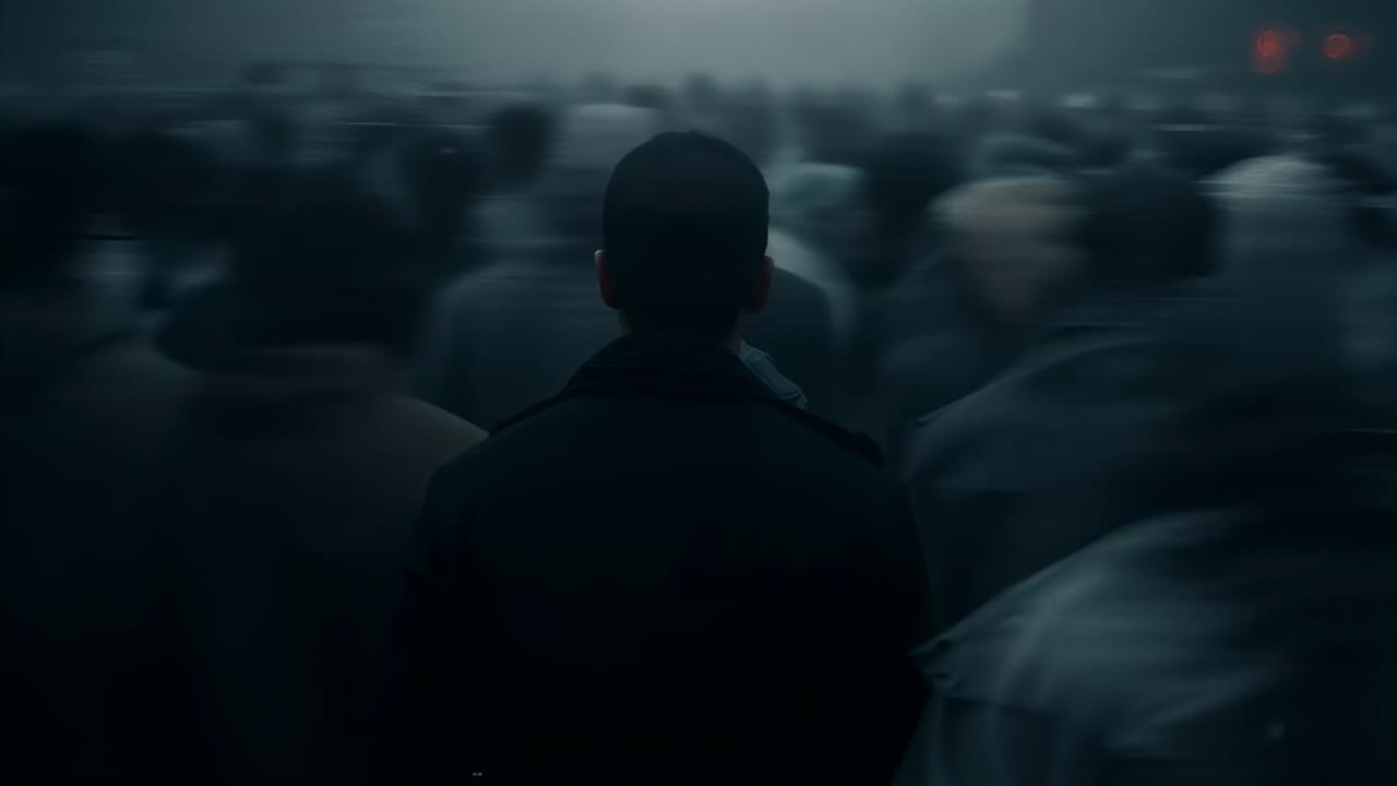 Following crowd surge, man wearing dark coat walking forward through foggy urban plaza, red lights
